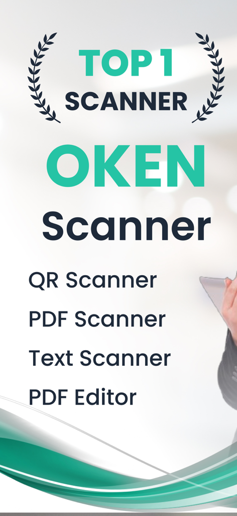 OKEN - CamScanner, PDF scanner - Écran promotionnel de l'application OKEN Scanner mettant en évidence les fonctions de scanner QR, scanner PDF, scanner de texte et éditeur PDF