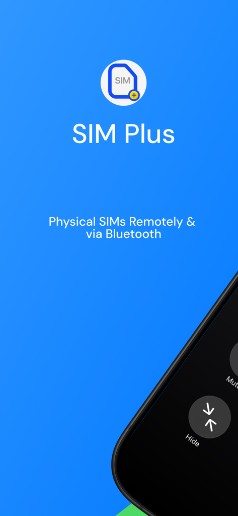 SIMPlus - SIM Plus app splash screen showing text Physical SIMs Remotely and via Bluetooth