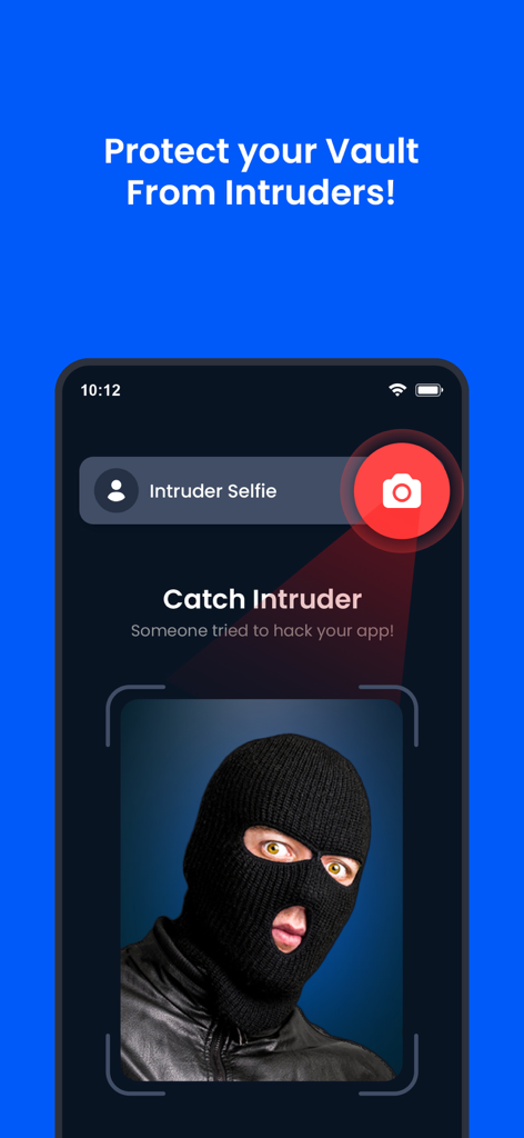 HideU - Calculator Locker - A screenshot of the VaultMate app intruder selfie feature capturing a photo of an unauthorized user trying to access the vault.