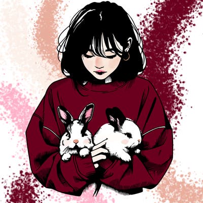 realistic girl with messy bunny baggy sweatshirt and holding bunnies