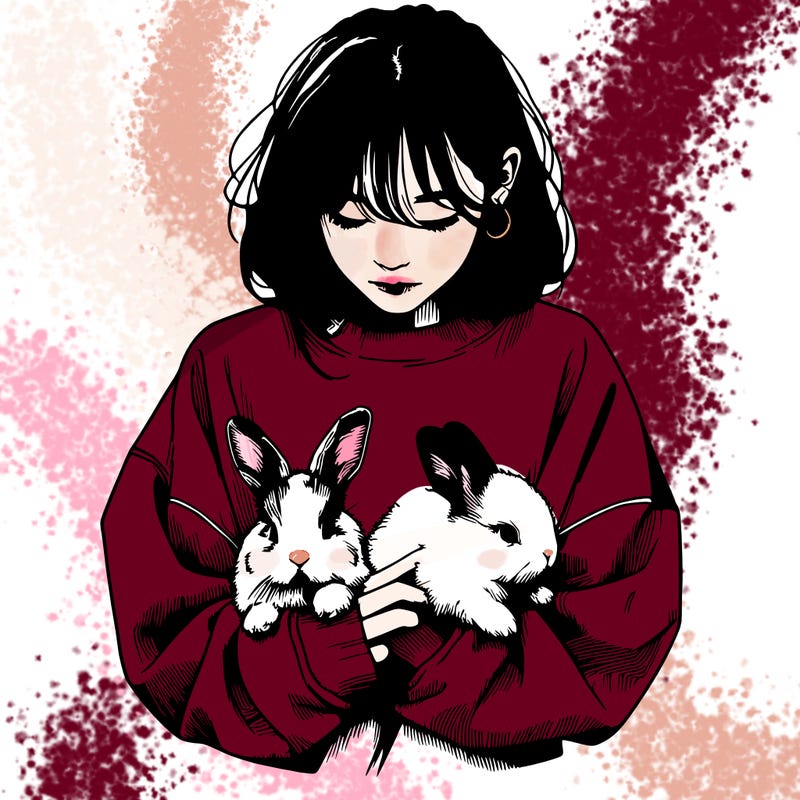 realistic girl with messy bunny baggy sweatshirt and holding bunnies