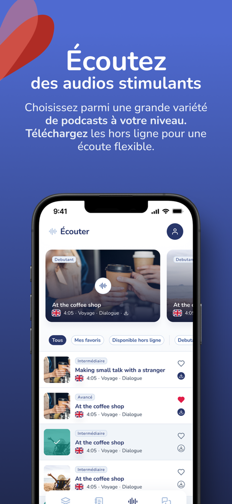 Léa English - Mobile Oberfläche der Lea English App, die eine Auswahl englischer Podcasts nach Schwierigkeitsgrad für Französischsprachige anzeigt