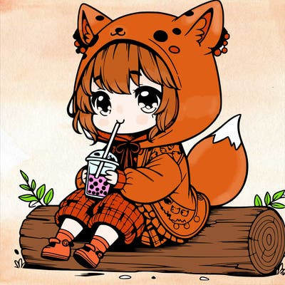a cute anime realistic girl who is wearing a cute fox onesie and is drinking boba sitting on a log