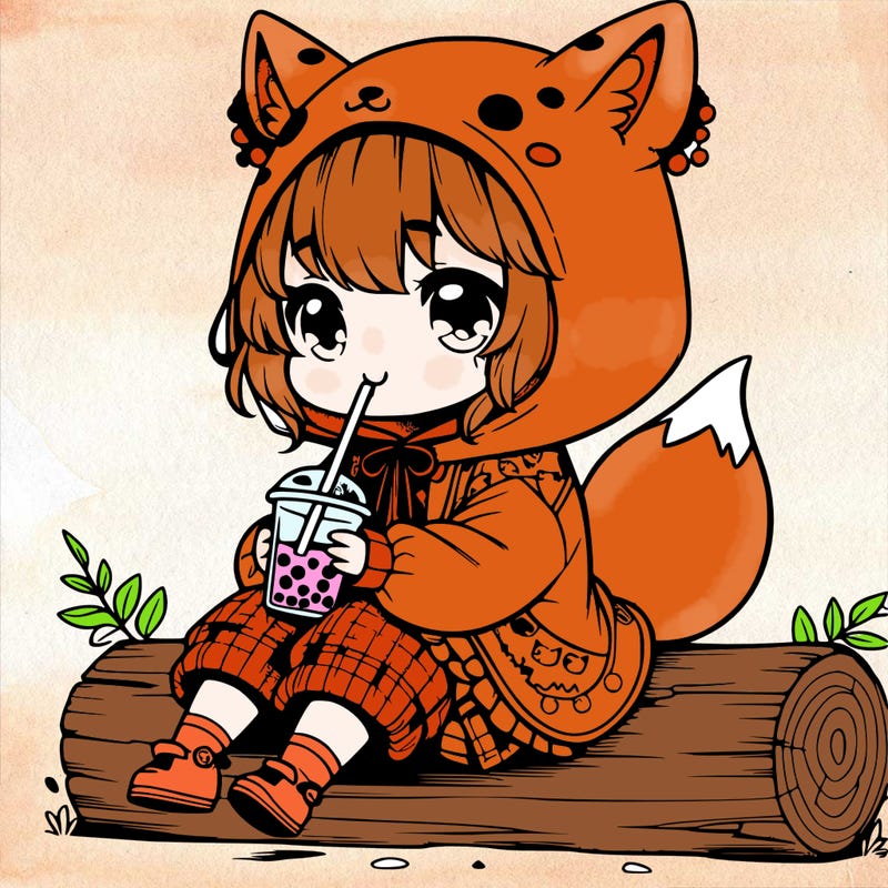a cute anime realistic girl who is wearing a cute fox onesie and is drinking boba sitting on a log