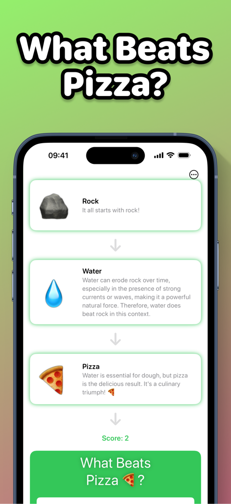 A screenshot of the What Beats Rock mobile app showing a game logic chain where water beats rock and pizza beats water.