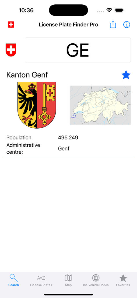 License Plate Finder - Risultato di ricerca di Trova Targa Pro per il cantone svizzero di Ginevra GE, che mostra lo stemma e la mappa della località