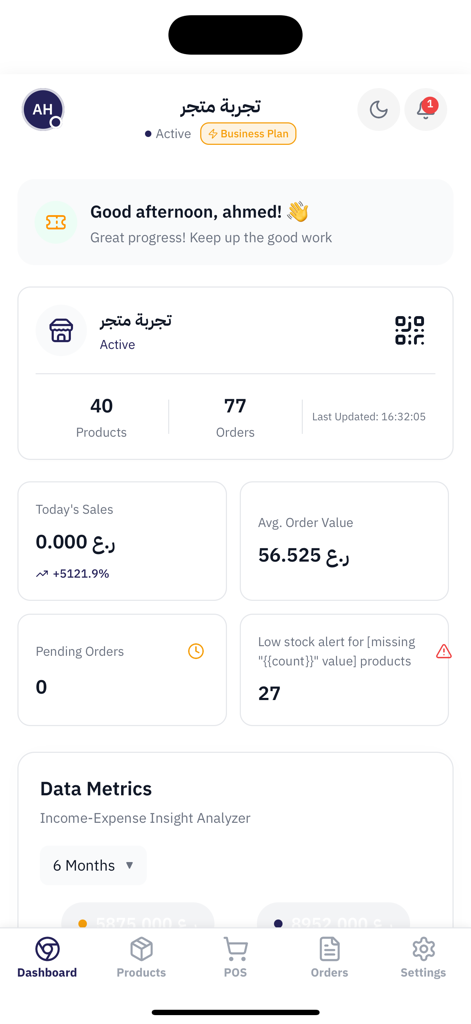 Kushk POS - Kushk POSアプリのダッシュボード。売上や在庫レベルなどのビジネスパフォーマンス指標が表示されています。