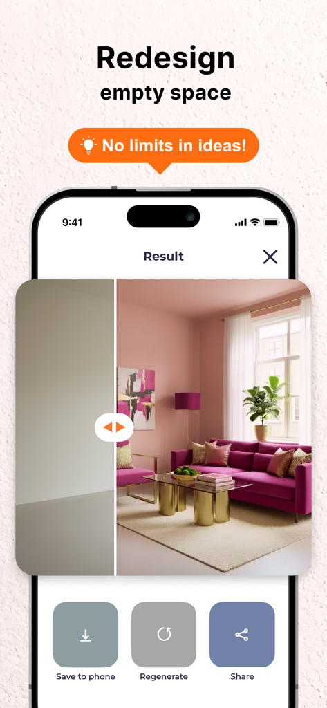 Magic App: AI Interior Design - Before and after comparison of an empty room redesigned into a modern pink living room using AI