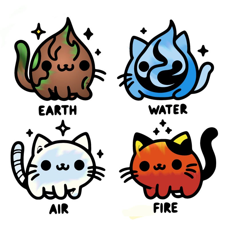 4 cats that represent the different elements, earth, water, air, and fire