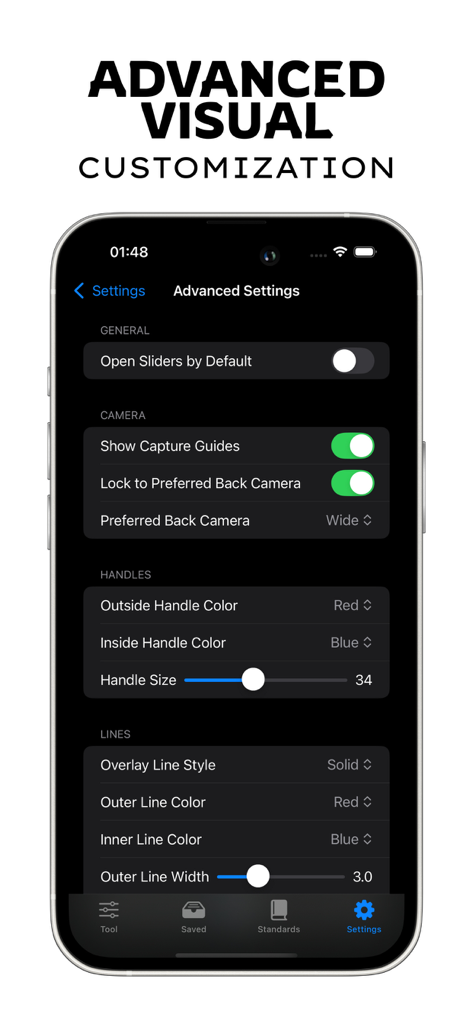 Card Centering Calculator App - Advanced settings screen of the Card Centering Calculator app showing options for camera guides and visual customization of handles and lines