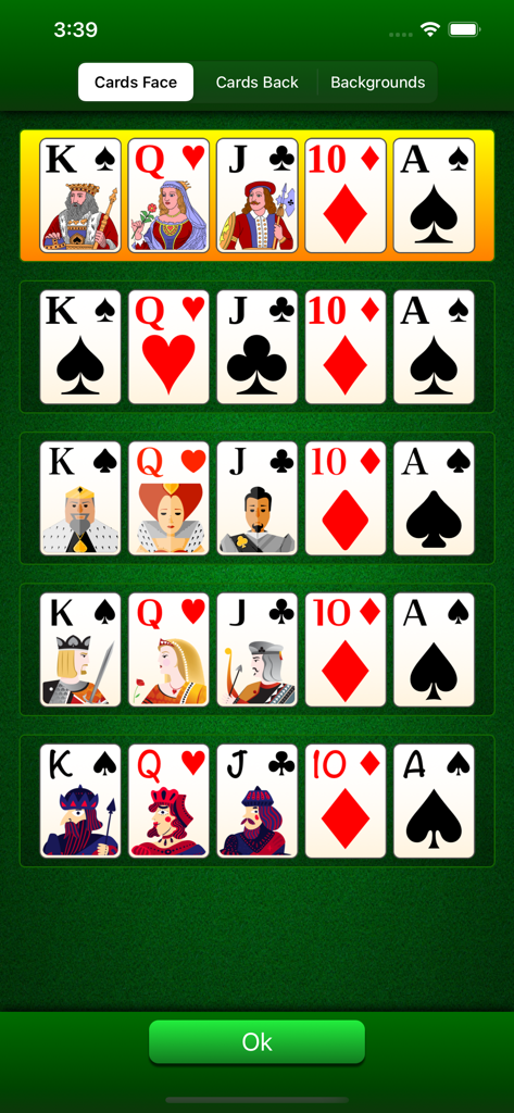 700 Solitaire Games Pro - Selection menu for different playing card face styles in 700 Solitaire Games Pro