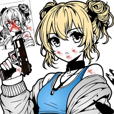 teenage anime girl baddie in a messy bun holding a gun