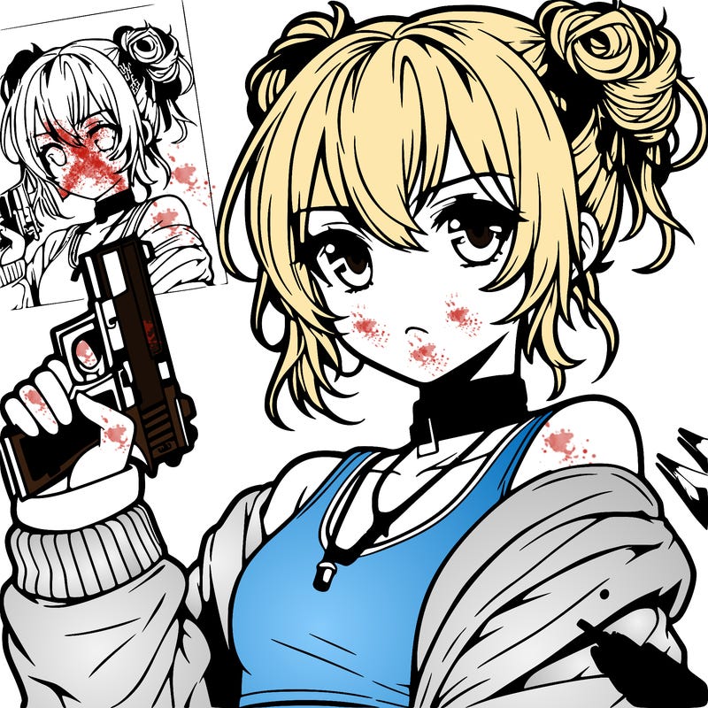 teenage anime girl baddie in a messy bun holding a gun