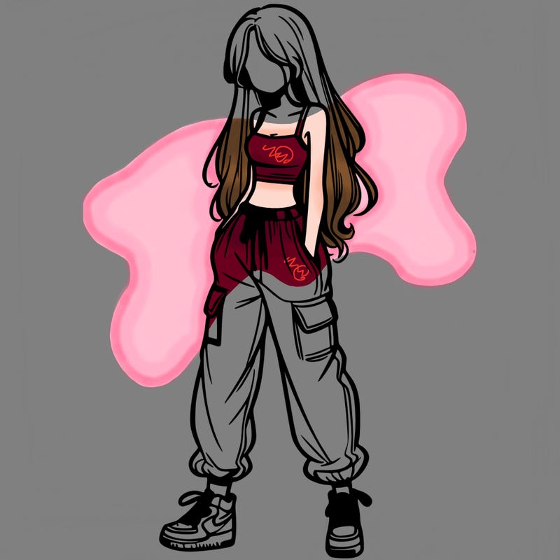 girl in baggy pants crop top and long hair