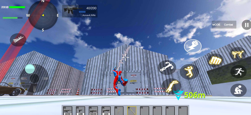 A red and blue superhero character jumping towards a metal building in an open world city environment.
