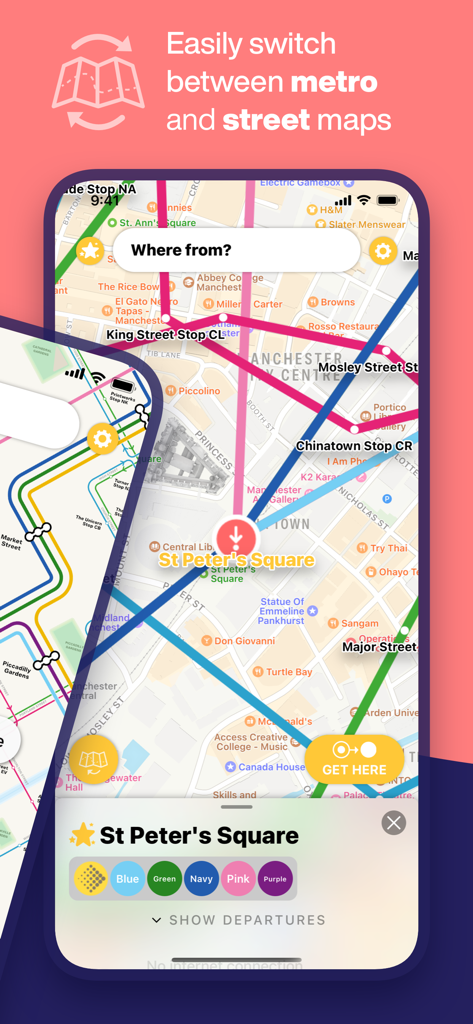Una interfaz móvil que muestra la aplicación Manchester Metro con un mapa interactivo alternando entre líneas de transporte y vistas de calles