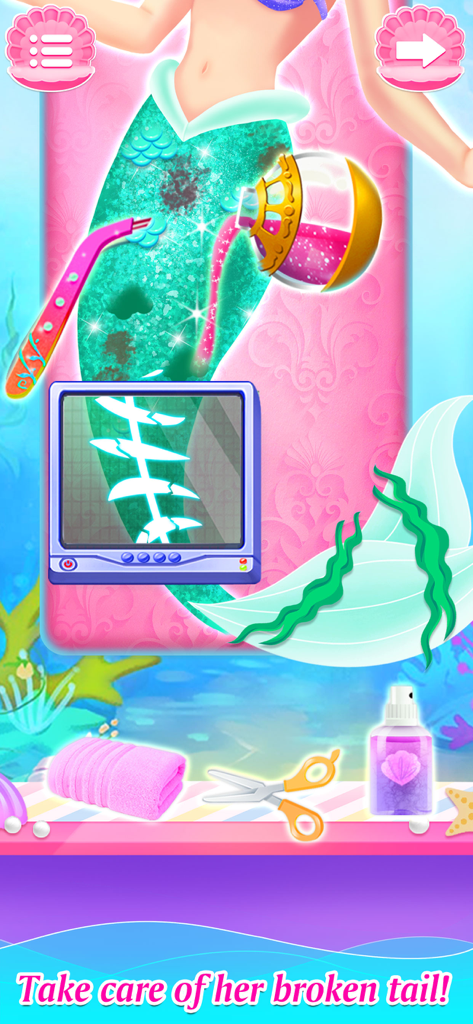 Princess Mermaid Makeup Games - Mermaid princess receiving medical treatment for a broken tail with an X-ray and healing tools