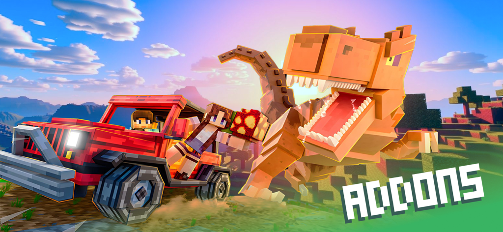 Addons for Minecraft PE ㅤ - Personajes de Minecraft en un Jeep rojo escapando de un T-Rex dinosaurio bloqueado gigante