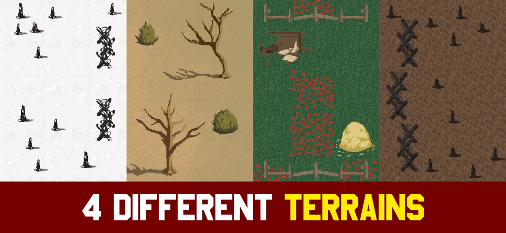 Cuatro terrenos diferentes de arte de píxeles para la batalla, incluyendo nieve, desierto y hierba en Trench Warfare 1917