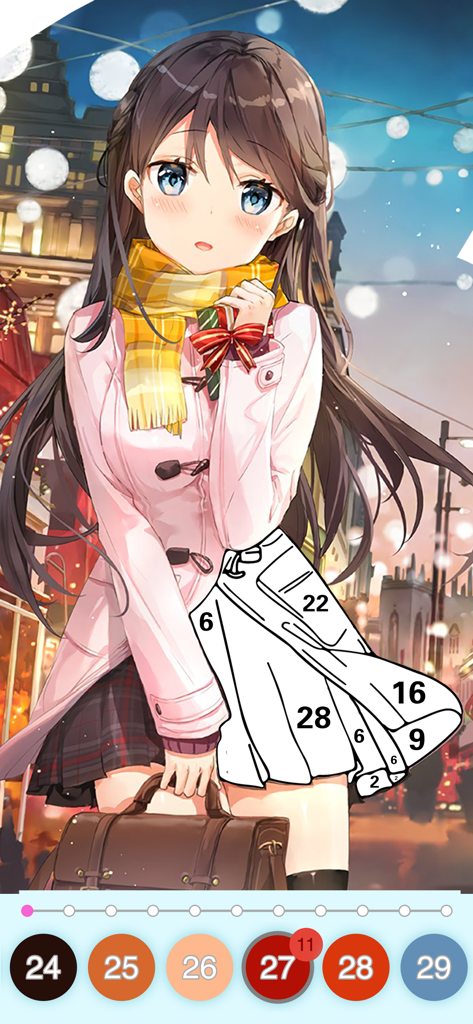Anime Color - Paint by Number - Una chica anime con un abrigo rosa siendo coloreada usando una interfaz de pintura por número.