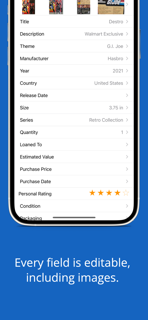 iCollect Action Figures: Toys - Interface of the iCollect Action Figures app showing editable fields for a specific toy collection item including manufacturer and value.