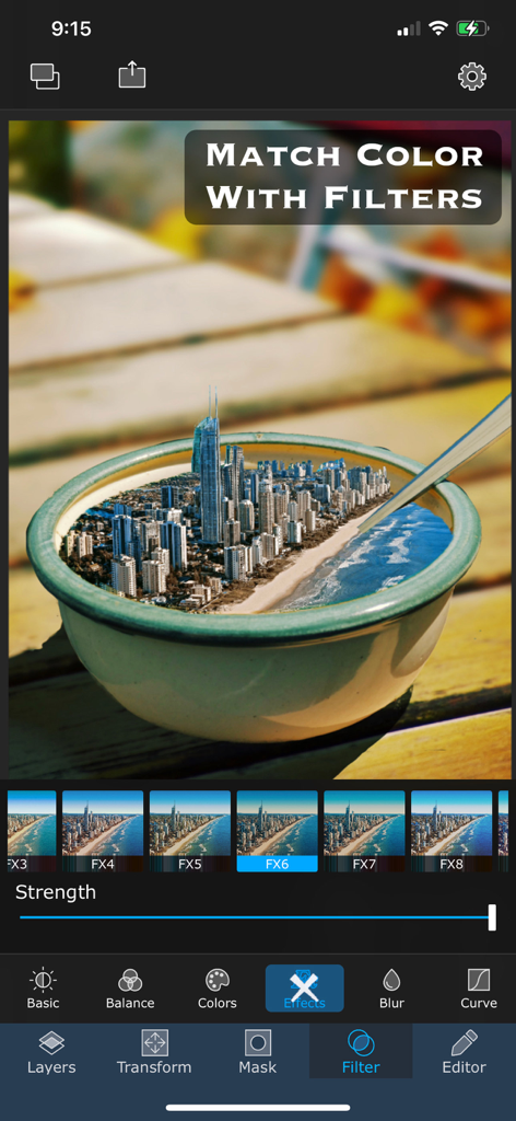 Superimpose app screen showing color matching filters applied to a surreal city in a bowl image composition