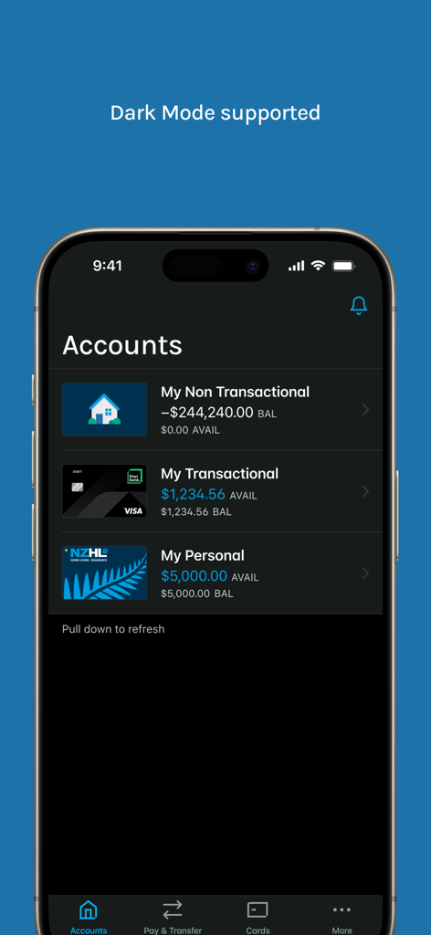 NZHL Mobile Banking - NZHL Mobile Banking app dashboard in dark mode displaying multiple account balances