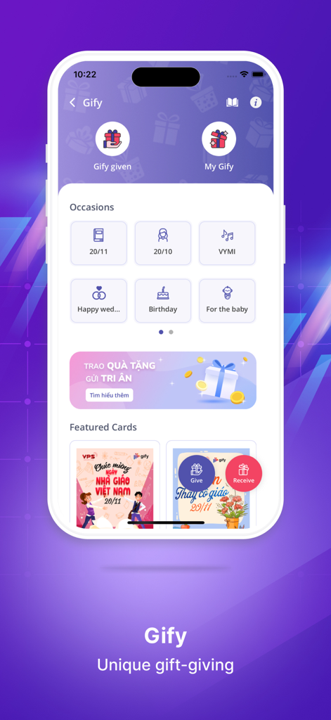 VPS SmartOne - VPS SmartOne app Gify feature interface for digital gift giving and occasions