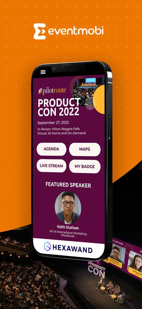 Event App by EventMobi - Event App by EventMobi showing a professional conference home screen with agenda maps and featured speaker profile
