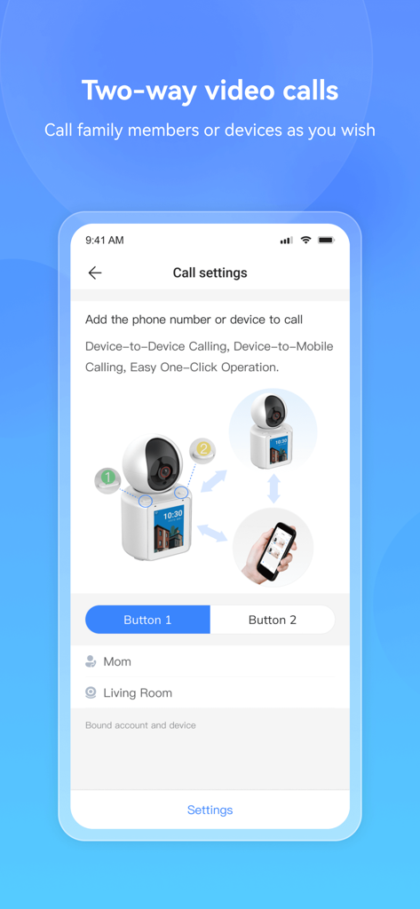 Im Cam - Interface of the Im Cam app showing configuration for two-way video calls between devices and smartphones