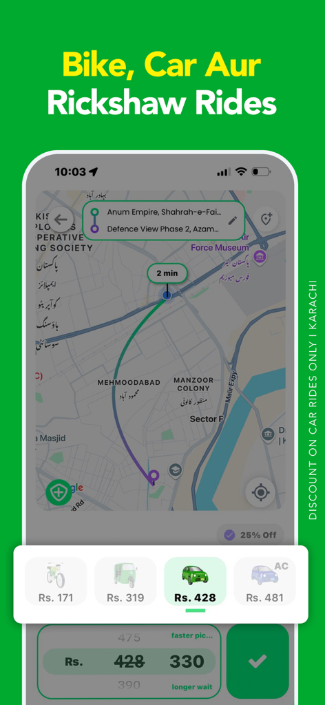 Bykea: Rides & Delivery App - Bykea app interface showing a ride booking map in Karachi with price options for bike car and rickshaw