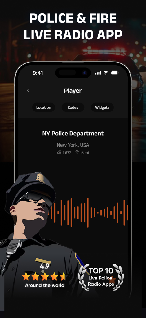 Screenshot of Police and Fire Scanner Radio app featuring NY Police Department live feed and high user rating.