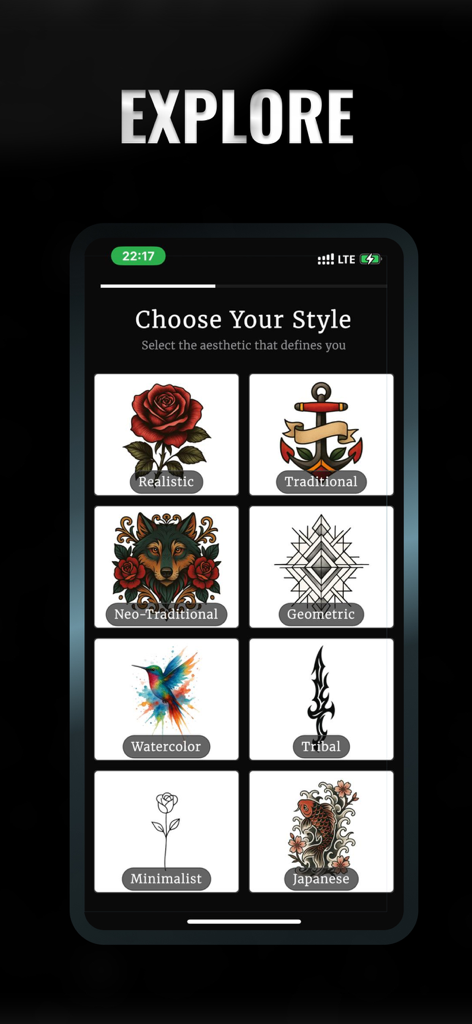 Tattoo Design Creator App - タトゥーデザインクリエイターアプリのインターフェースに、リアル、トラディショナル、ミニマリストなどのさまざまなタトゥー様式のグリッドが表示されています