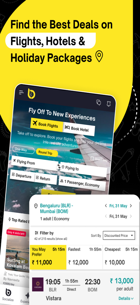 Travel Buddy app interface showing flight search results and travel deals for hotels and packages