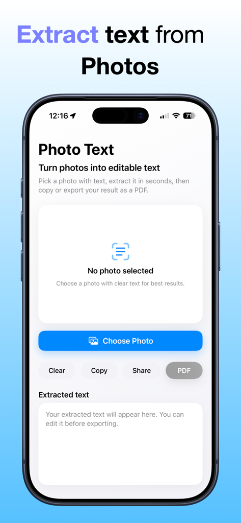 iPhone上の『写真からテキストPDFへ』アプリのユーザーインターフェース。写真からテキストを抽出する機能を強調表示しています。