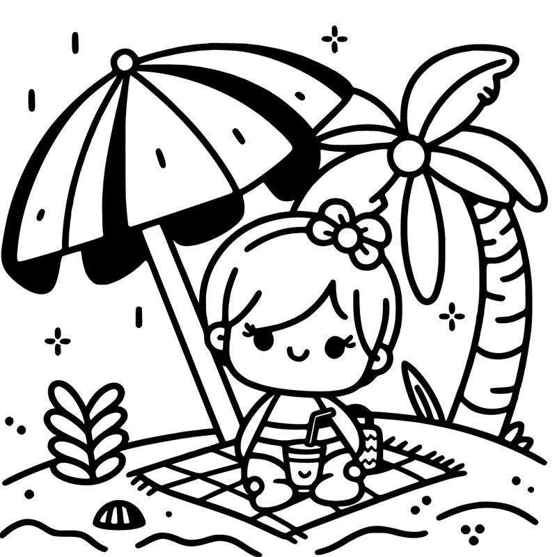 a simple clipart illustration of a baby girl under a beach umbrella and on a towel on the beach, on a white background, in vector style, with bold lines without colors and grays, featuring simple and pretty shapes, in 2d style. no shadows, no effects, no fill lines. white fill, coloring book page for toddlers