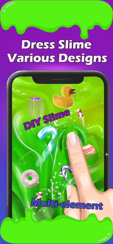 Slime Simulator Maker - ASMR - A hand interacting with green virtual slime decorated with charms like a rubber duck and a donut