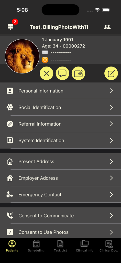 PatientNow - PatientNow mobile app interface showing detailed patient profile categories and clinical menu options