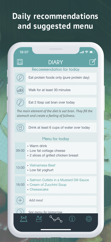 Dukan Diet - official app - Diario de la app Dieta Dukan mostrando recomendaciones de alimentos diarios y un menú de comidas para un día de proteínas puras