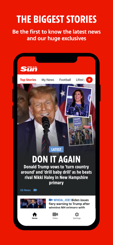 The US Sun app interface displaying a top news story about Donald Trump with the headline Don It Again