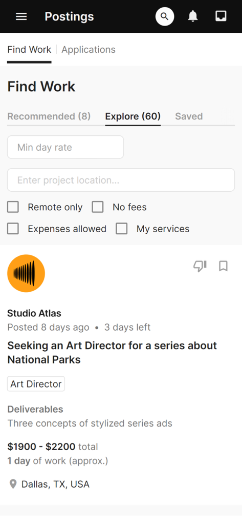 Glimmer.io - Mobile screen of Glimmer.io app showing creative job listings and search filters