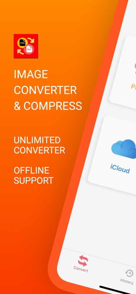 Interfaz de la aplicación Convertidor de Imágenes que muestra funciones como conversión ilimitada y soporte sin conexión en una pantalla de iPhone