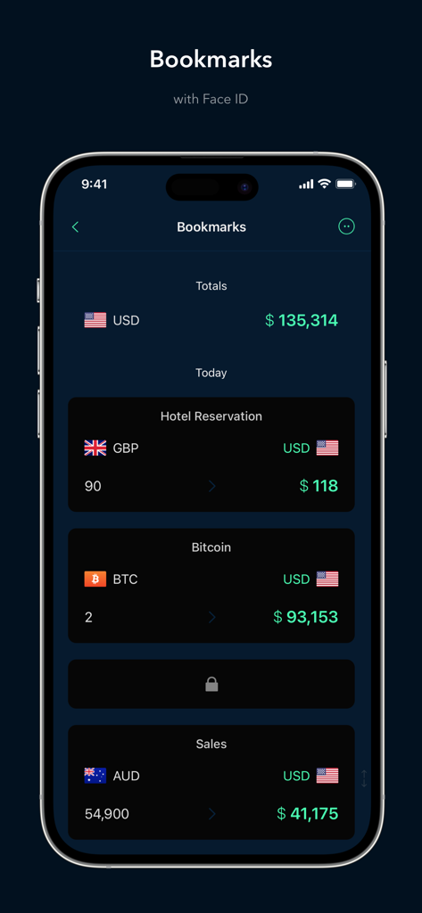 Schermata dei preferiti dell'app Currenzy che mostra conversioni salvate di valute e criptovalute con valore totale in USD.