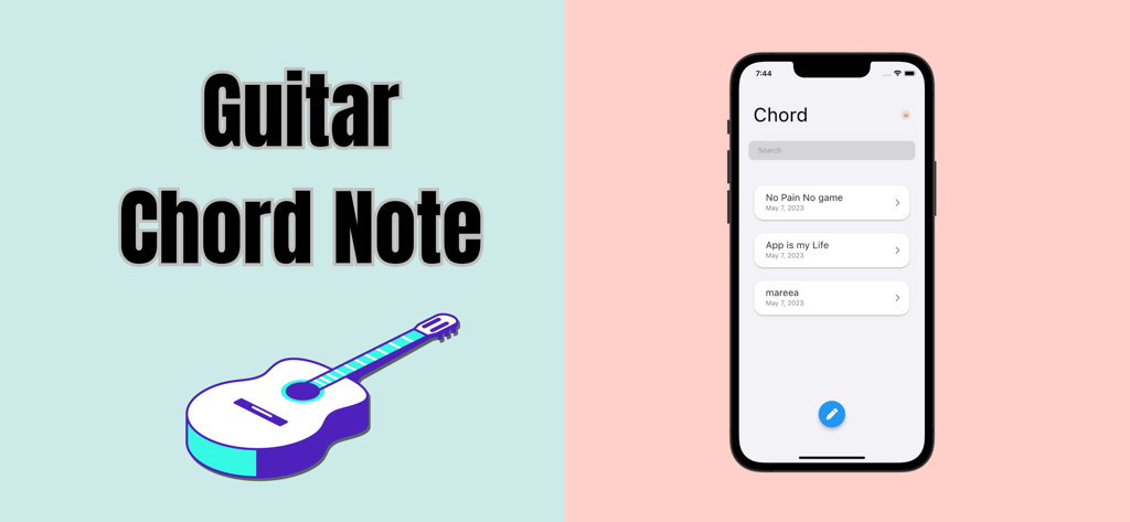Guitar Chord & Lyrics Note App - Interface de l'application Guitar Chord Note montrant une liste de chansons et une illustration de guitare acoustique