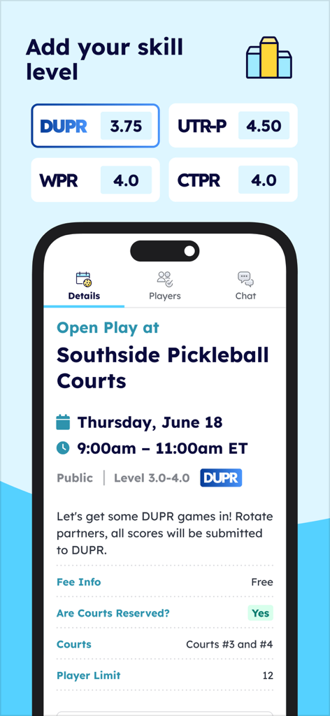 Interfaccia dell'app Pickleheads che mostra valutazioni di livello di abilità e dettagli di pianificazione delle partite di pickleball