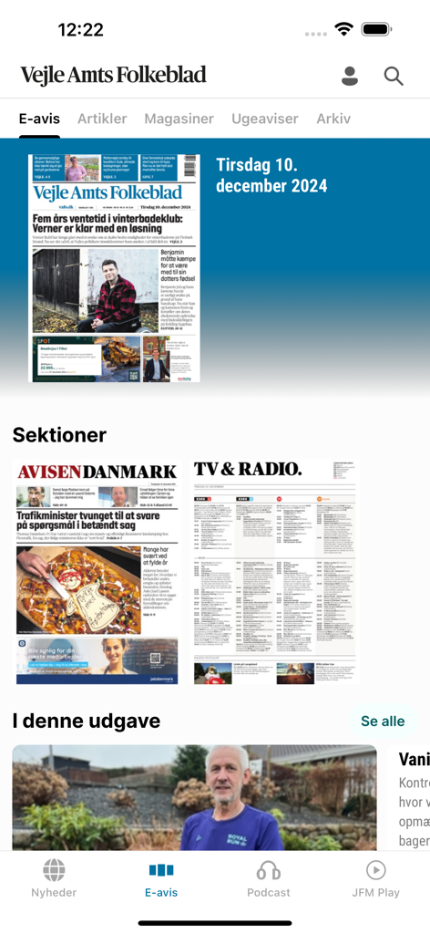Capture d'écran de l'application mobile Vejle Amts Folkeblad affichant l'édition e-paper et les sections d'actualités.