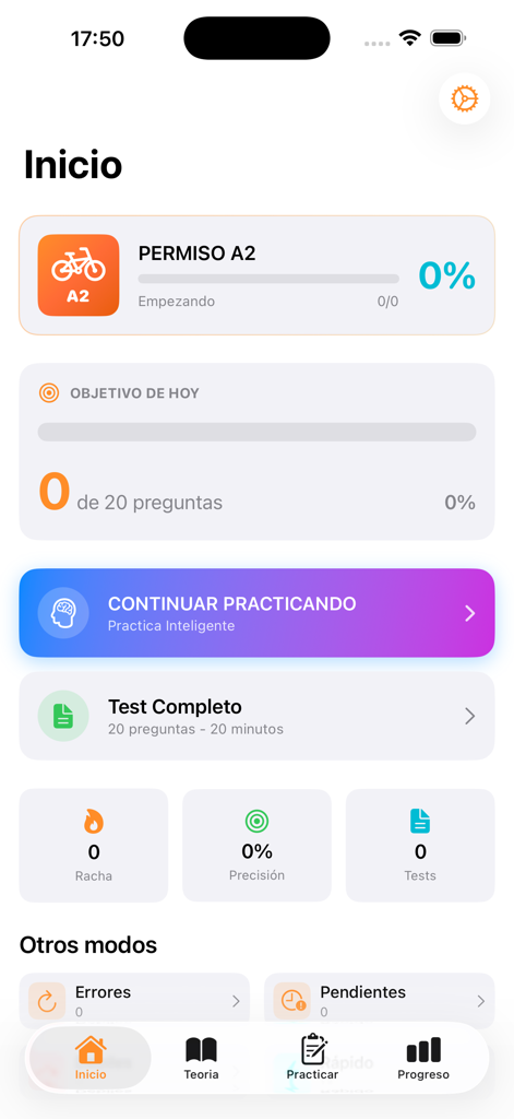 DGT A2 Test Master - Dashboard of the DGT A2 Test Master app showing study progress and practice test options for the Spanish motorcycle license