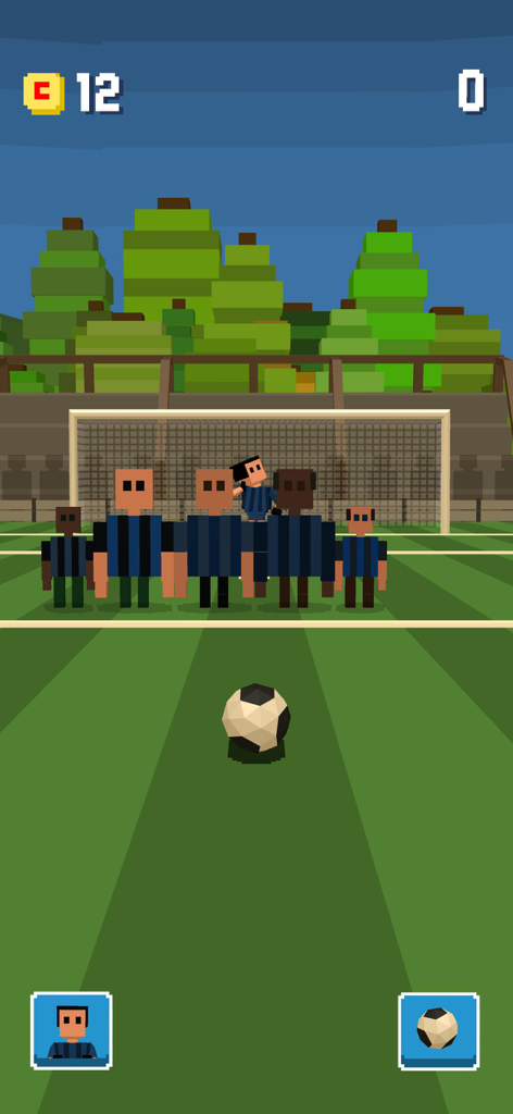 Boot That Ball - 블록형 복셀 캐릭터와 수비벽이 등장하는 Boot That Ball의 프리킥 게임 플레이 장면.