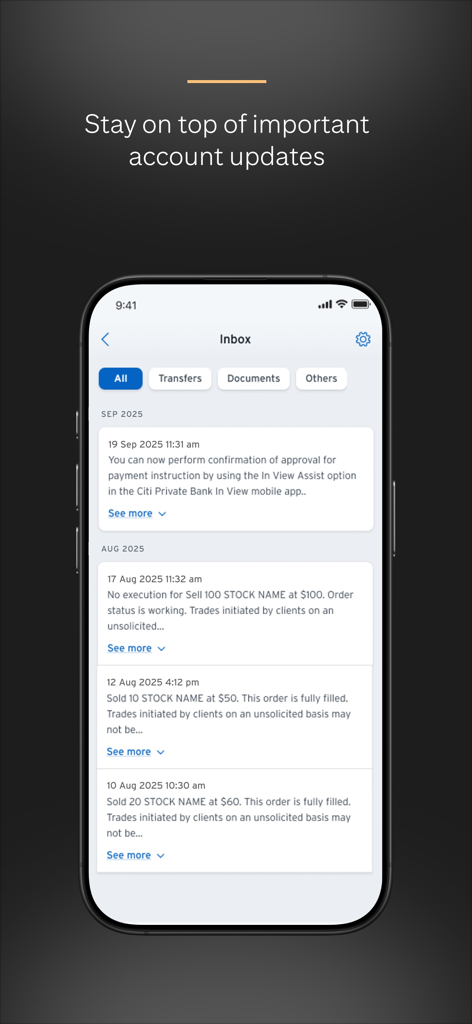 Citi Private Bank In View - A smartphone screen showing the inbox of the Citi Private Bank In View app with transaction and account updates