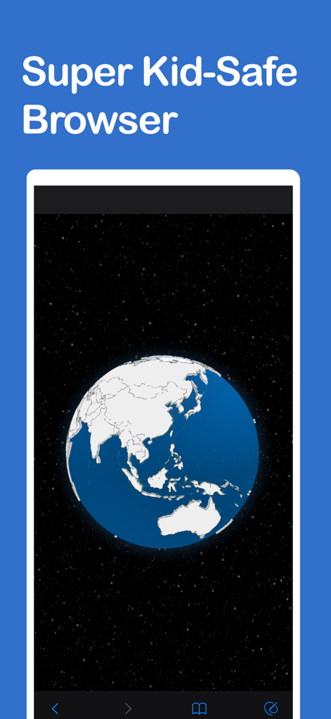 Screenshot der Kinder Browser-Oberfläche mit einem Globus-Symbol und dem Text Super Kid Safe Browser
